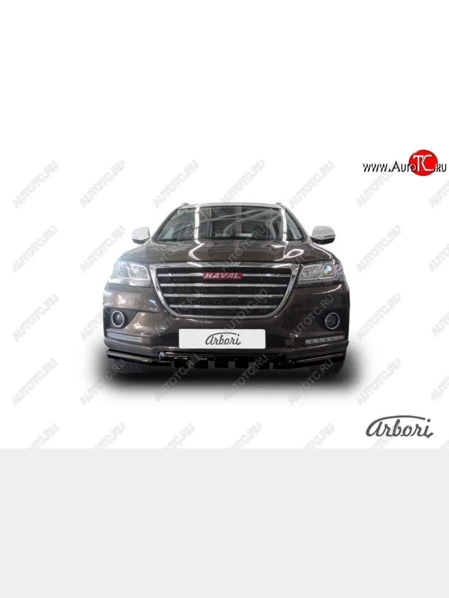 Защита переднего бампера Arbori (с декоративными элементами, черная, 2 трубы d57 и 57 mm) Haval H2 (2014-2021)  с доставкой в г. Пермь