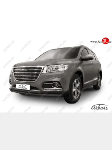 Защита переднего бампера Arbori (черная, 2 трубы d57 и 42 mm) Haval H6 (2013-2020)
