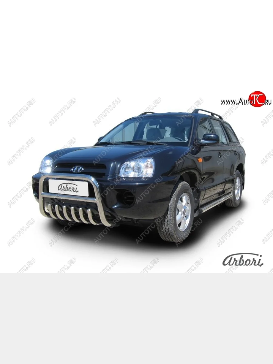 Защита переднего бампера Arbori (с защитой картера, нержавейка, 1 труба d57 mm). Hyundai Santa Fe SM (2000-2012)  в Перми Пермском крае