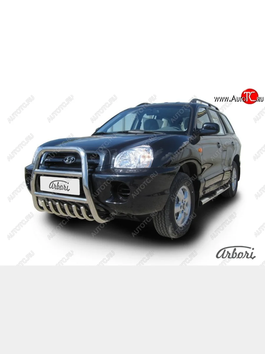 Защита переднего бампера Arbori (с защитой картера, высокая, нержавейка, 1 труба d57 mm). Hyundai Santa Fe SM (2000-2012)  в Перми Пермском крае
