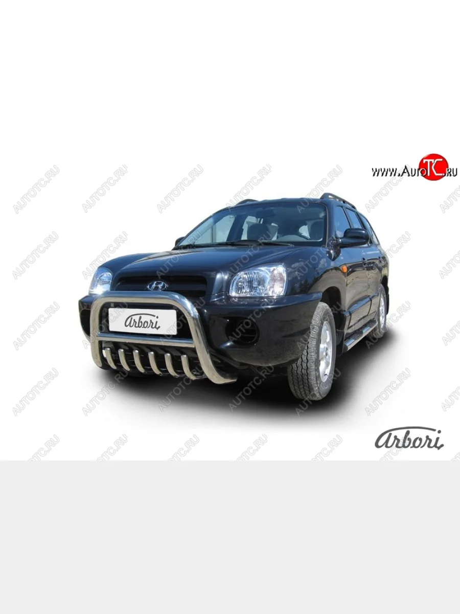 Защита переднего бампера Arbori (с защитой картера, высокая, нержавейка, 1 труба d76 mm). Hyundai Santa Fe SM (2000-2012)  в Перми Пермском крае