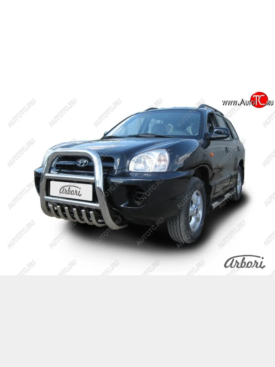 Защита переднего бампера Arbori (с защитой картера, высокая, нержавейка, 1 труба d76 mm).  Hyundai Santa Fe (2000-2012) SM  в Самаре Самарской области