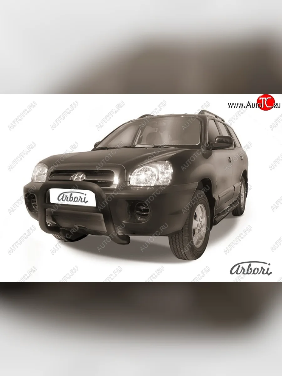 Защита переднего бампера Arbori (низкая, черная, 1 труба d76 mm). Hyundai Santa Fe SM (2000-2012)  в Воронеже Воронежской области