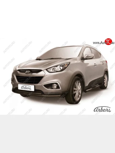 Защита переднего бампера Arbori (радиусная, черная, 2 трубы d57 и 42 mm) Hyundai IX35  LM (2009-2018) дорестайлинг, рестайлинг