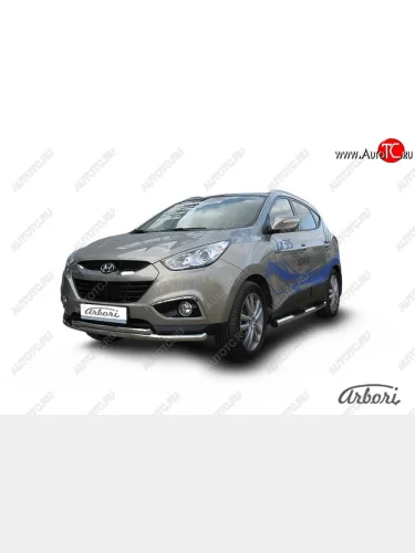 Защита переднего бампера Arbori (радиусная, нержавейка, 2 трубы d57 и 42 mm) Hyundai IX35  LM (2009-2018) дорестайлинг, рестайлинг