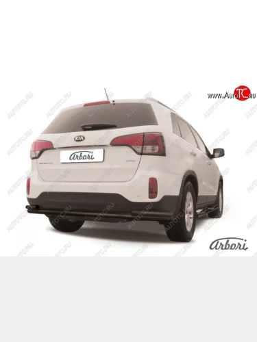 Защита заднего бампера Arbori (длинная с уголками, черная, 2 трубы d57 и 42 mm). KIA Sorento XM рестайлинг (2012-2015)