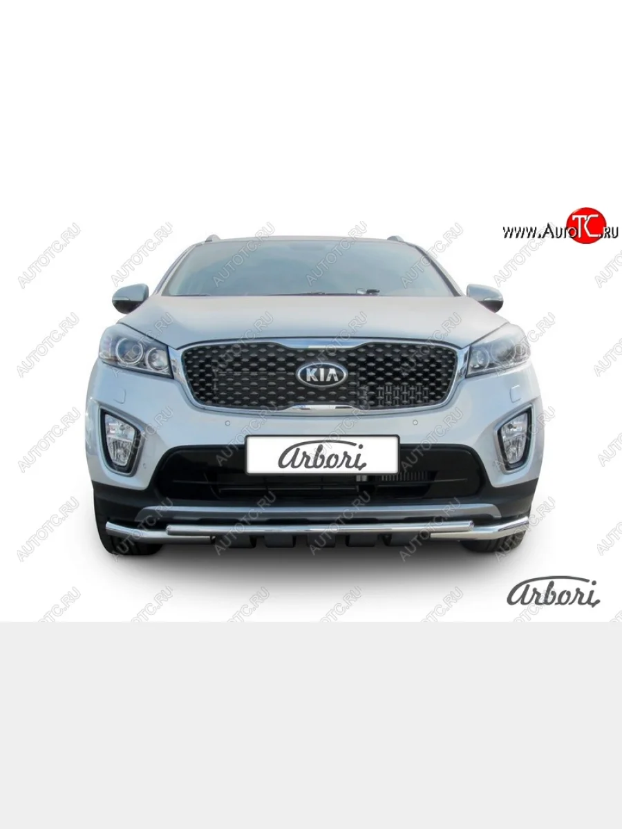 Защита переднего бампера Arbori (с защитой картера, нержавейка, труба d57 и 42 mm). KIA Sorento UM/Prime дорестайлинг (2014-2018)  в Самаре Самарской области