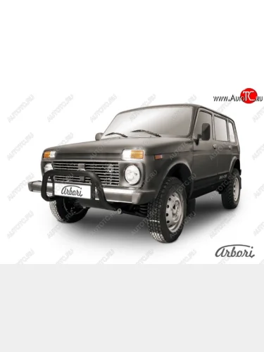 Защита переднего бампера Arbori (низкая, черная, 1 труба d57 mm). Лада ВАЗ нива 4х4 ( 2131,  2121-80) (1993-2019) 5 дв. дорестайлинг, ФОРА
