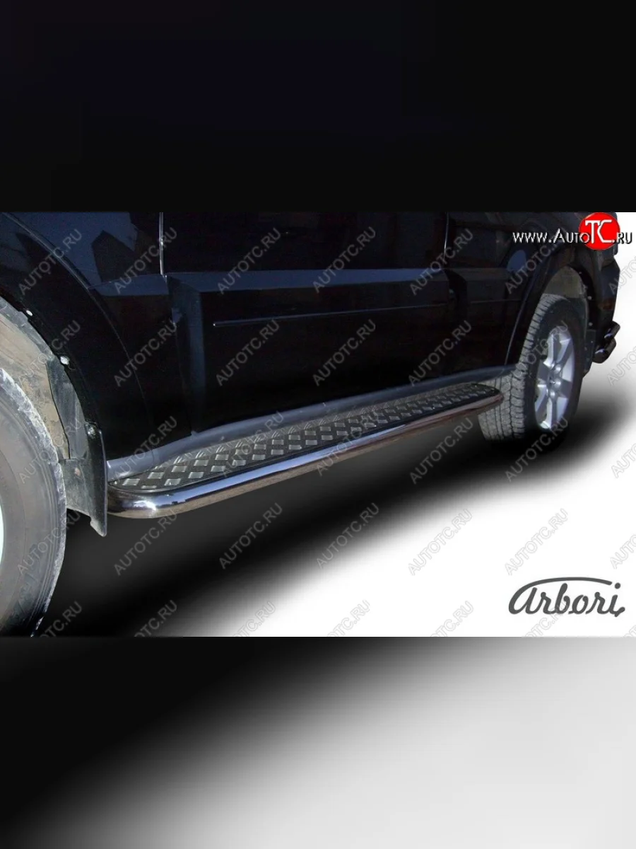 Защита штатных порогов с листом Arbori (нержавейка, алюминий, d57) Mitsubishi Pajero 4 V90 2-ой рестайлинг (2014-2020)  с доставкой в г. Керчь