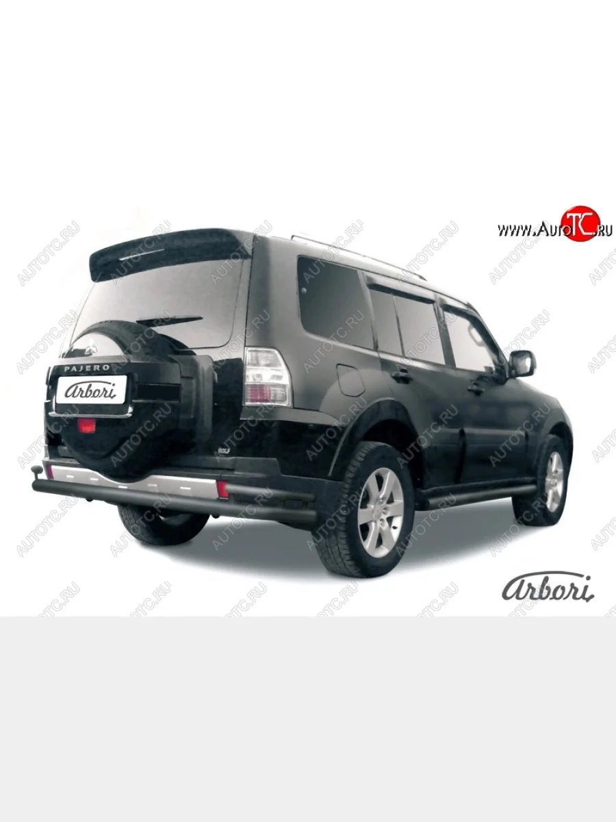 Защита заднего бампера Arbori (черная, 2 трубы d76 и 42 mm). Mitsubishi Pajero 4 V90 2-ой рестайлинг (2014-2020)  с доставкой в г. Керчь