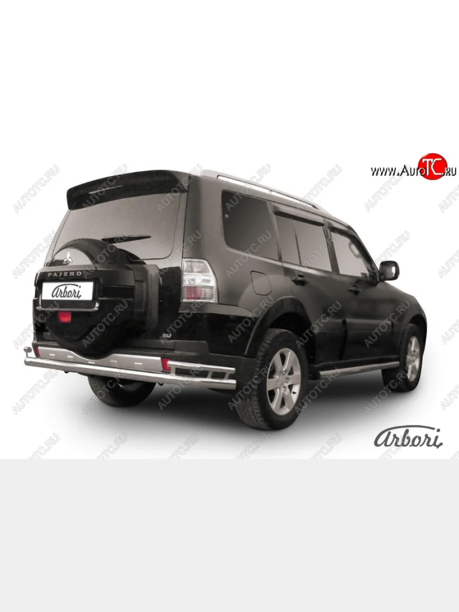 Защита заднего бампера Arbori (длинная с уголками, нержавейка, 2 трубы d76 и 42 mm). Mitsubishi Pajero 4 V90 2-ой рестайлинг (2014-2020)  с доставкой в г. Керчь