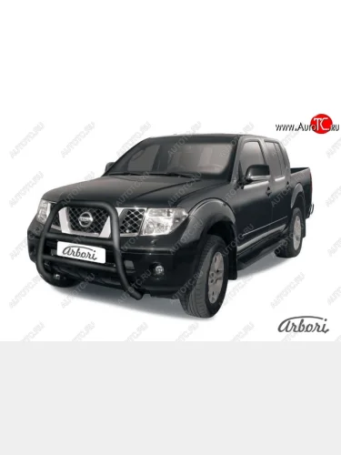 Защита переднего бампера Arbori (высокая, черная, 1 труба d76 mm). Nissan Navara  2 D40 (2004-2010) дорестайлинг