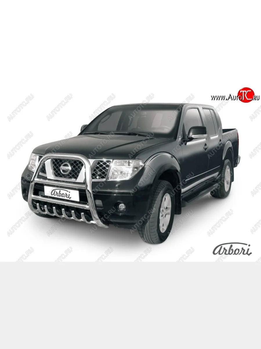 Защита переднего бампера Arbori (высокая с защитой картера, нержавейка, 1 труба d76 mm) Nissan Navara 2 D40 дорестайлинг (2004-2010)  в Перми Пермском крае