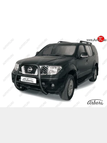 Защита переднего бампера Arbori (высокая, черная, 1 труба d76 mm). Nissan Pathfinder  R51 (2004-2007) дорестайлинг