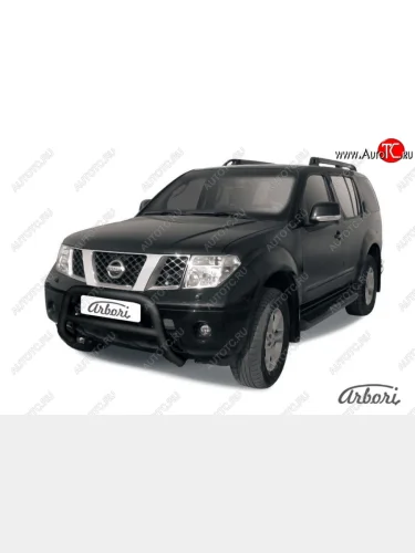 Защита переднего бампера Arbori (низкая, черная, 1 труба d76 mm). Nissan Pathfinder  R51 (2004-2007) дорестайлинг