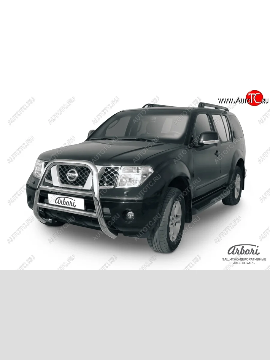 Защита переднего бампера Arbori (высокая, нержавейка, 1 труба d76 mm). Nissan Pathfinder R51 дорестайлинг (2004-2007)  в Самаре Самарской области