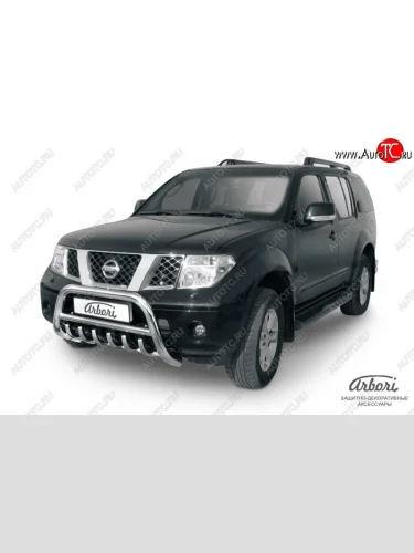 Защита переднего бампера Arbori (с защитой картера, высокая, нержавейка, 1 труба d76 mm). Nissan Pathfinder  R51 (2004-2007) дорестайлинг