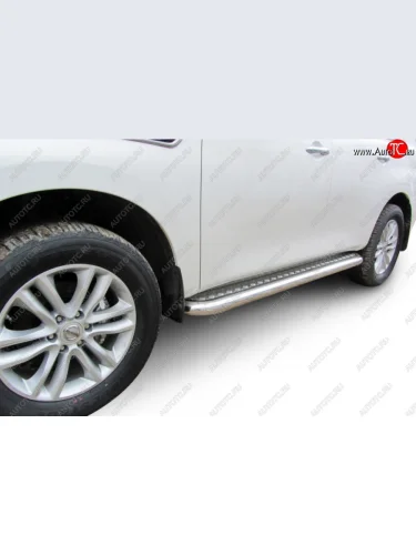 Защита штатных порогов с листом Arbori (нержавейка, алюминий, d76) Nissan Patrol 6 Y62 дорестайлинг (2010-2014)