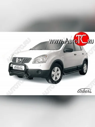 Защита переднего бампера Arbori (низкая, черная, 1 труба d57 mm). Nissan Qashqai  1 J10 (2007-2010) дорестайлинг