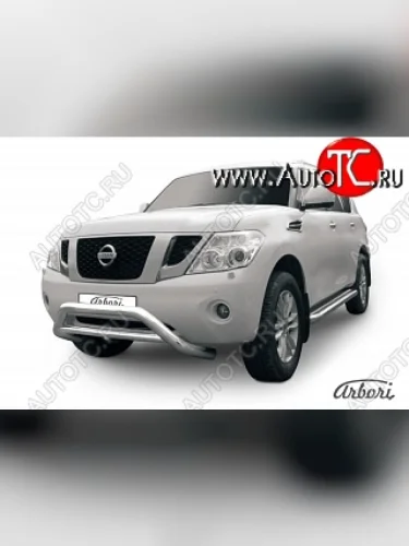 Защита переднего бампера Arbori (низкая, нержавейка, 1 труба d76 mm). Nissan Patrol 6 Y62 дорестайлинг (2010-2014)