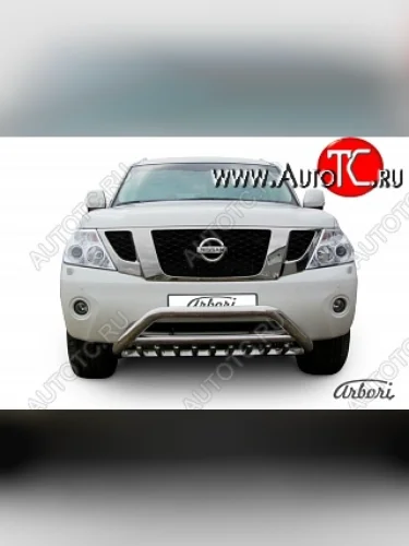 Защита переднего бампера Arbori (с защитой картера, низкая, нержавейка, 1 труба d76 mm). Nissan Patrol 6 Y62 дорестайлинг (2010-2014)