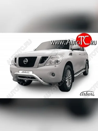 Защита переднего бампера Arbori (низкая - mini, нержавейка, 1 труба d76 mm). Nissan Patrol 6 Y62 дорестайлинг (2010-2014)