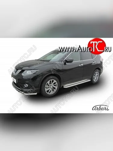 Защита штатных порогов с листом Arbori (нержавейка, алюминий, d57) Nissan X-trail  3 T32 (2017-2022) рестайлинг