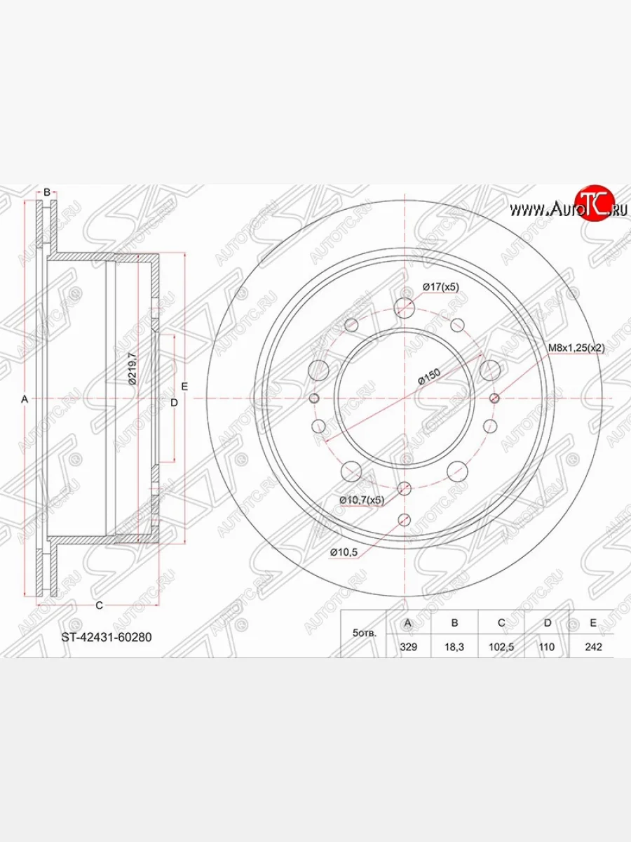 Задний тормозной диск SAT (вентилируемый, Ø329) Toyota Land Cruiser 10 100 1-ый рестайлинг (2002-2005)  в Керчи Республика Крым
