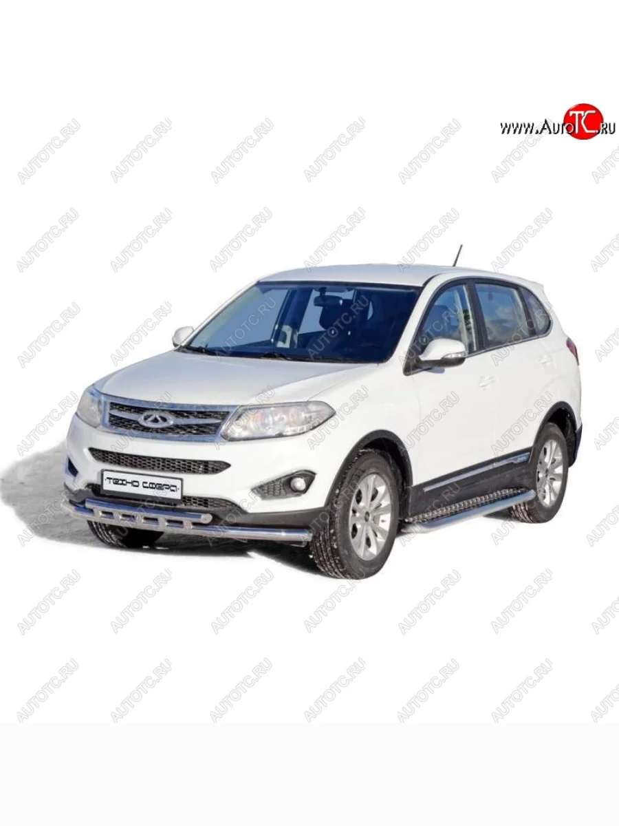 Защита порогов ТехноСфера (Техно Сфера) (с алюминиевым листом и полимерным покрытием, d63.5 mm) Chery Tiggo 5 (T21) дорестайлинг (2014-2017) (цвет: Серебристый)  в Керчи Республика Крым