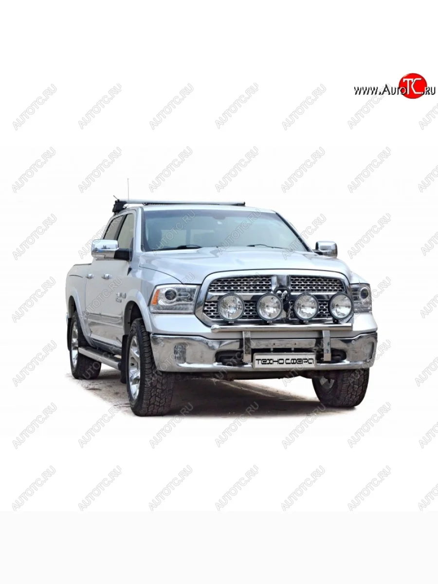 Защита переднего бампера ТехноСфера (Техно Сфера) (с кронштейнами под доп. фары, Сталь с покрытием, d63.5 mm) Dodge Ram 1500 4 DJ,DS Quad Cab (2008-2012) (цвет: Серебристый)  в Перми Пермском крае