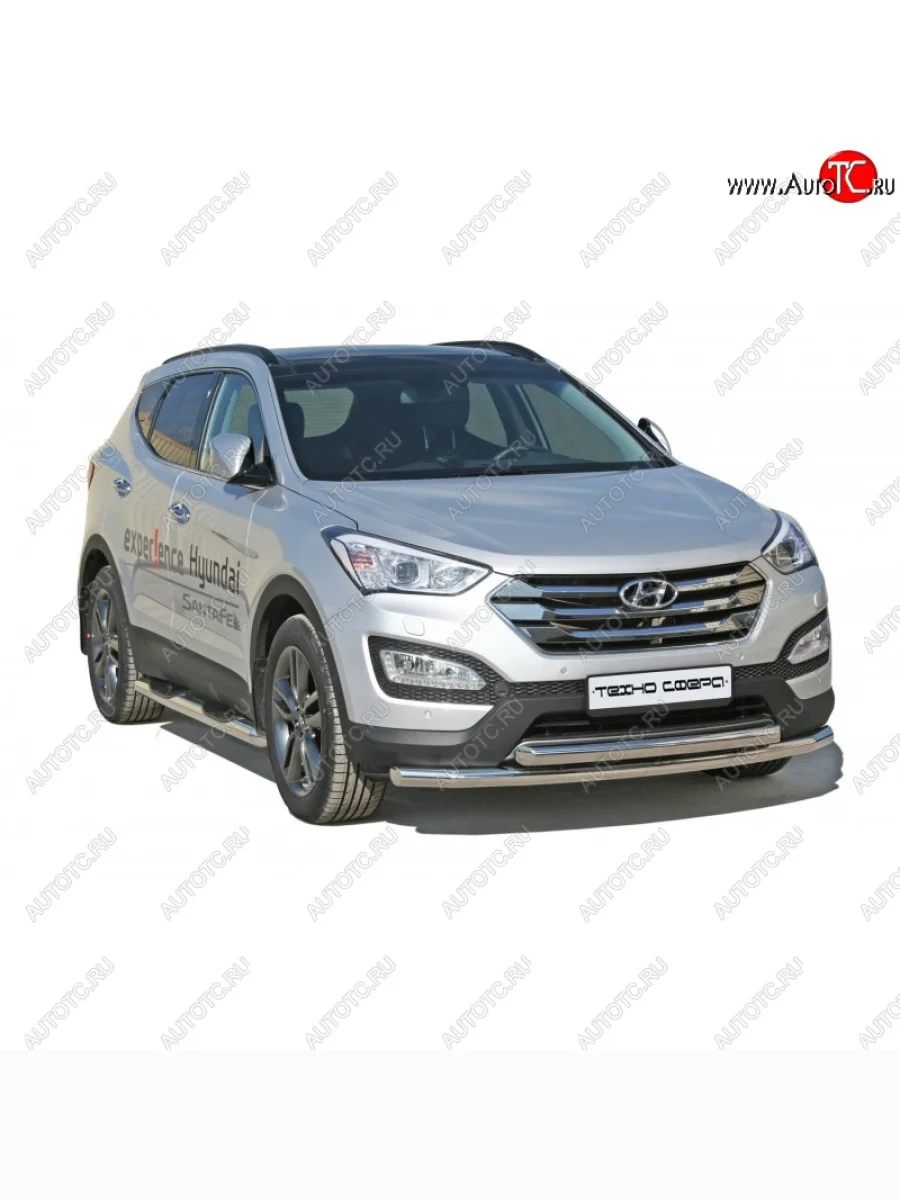 Защита переднего бампера ТехноСфера (Техно Сфера) (двойная, Сталь с покрытием, d63.5 mm) Hyundai Santa Fe DM дорестайлинг (2012-2016) (цвет: Серебристый)  в Самаре Самарской области
