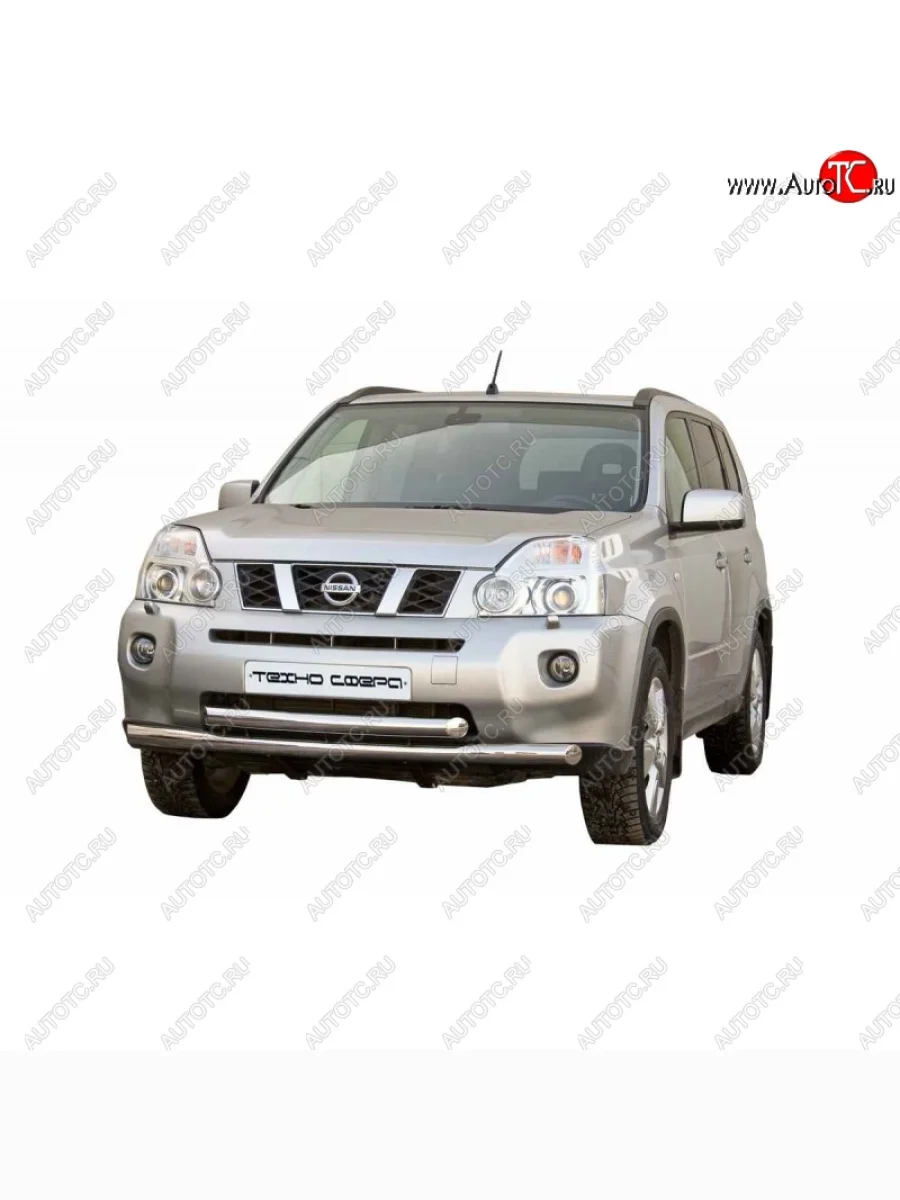 Защита переднего бампера ТехноСфера (Техно Сфера) (двойная, Сталь с покрытием, d63.5 mm) Nissan X-trail 2 T31 дорестайлинг (2007-2011) (цвет: Серебристый)  в Воронеже Воронежской области