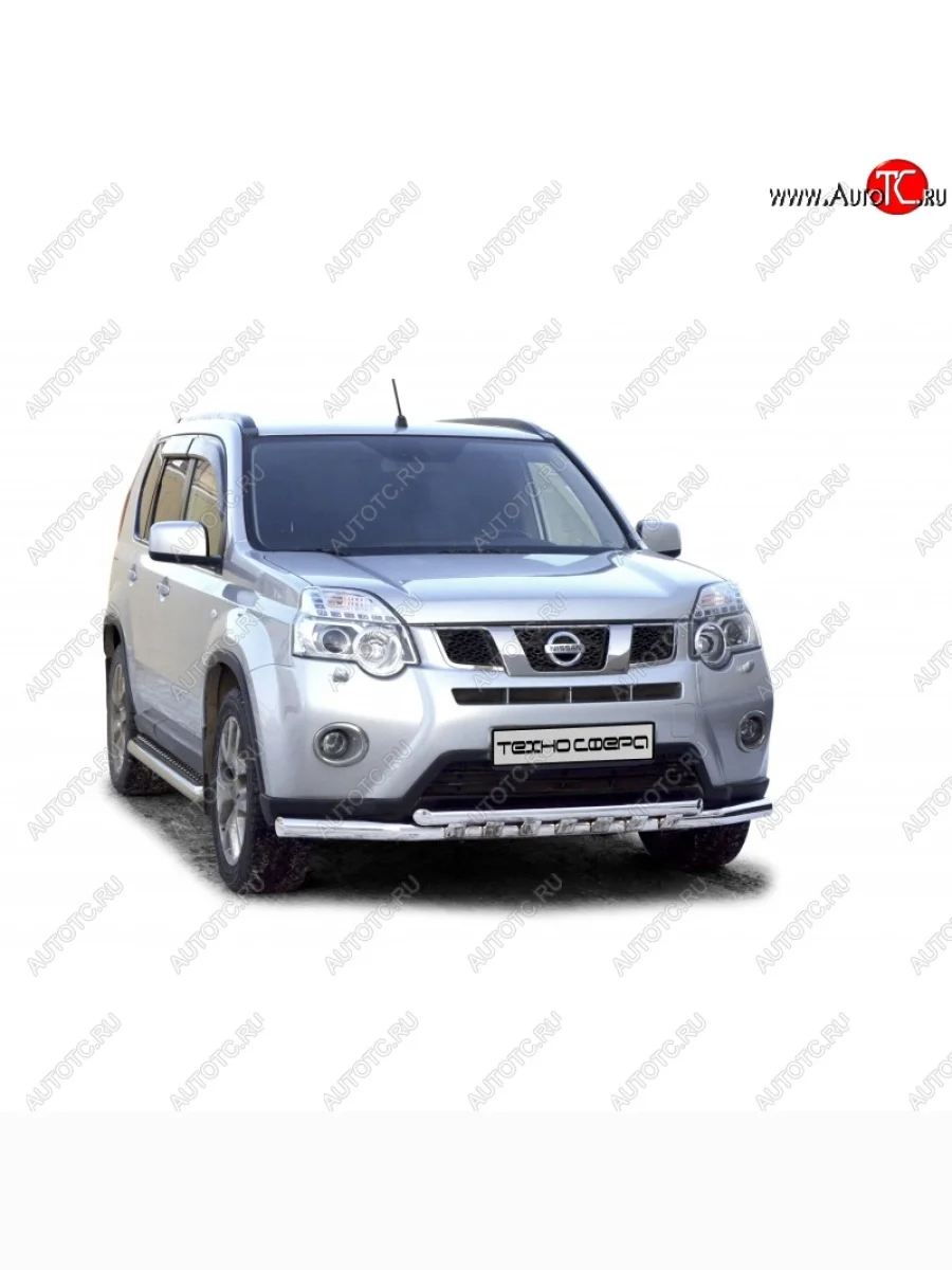 Защита переднего бампера ТехноСфера (Техно Сфера) (двойная, Сталь с покрытием, d63.5 mm) Nissan X-trail 2 T31 рестайлинг (2010-2015) (цвет: Серебристый)  в Керчи Республика Крым