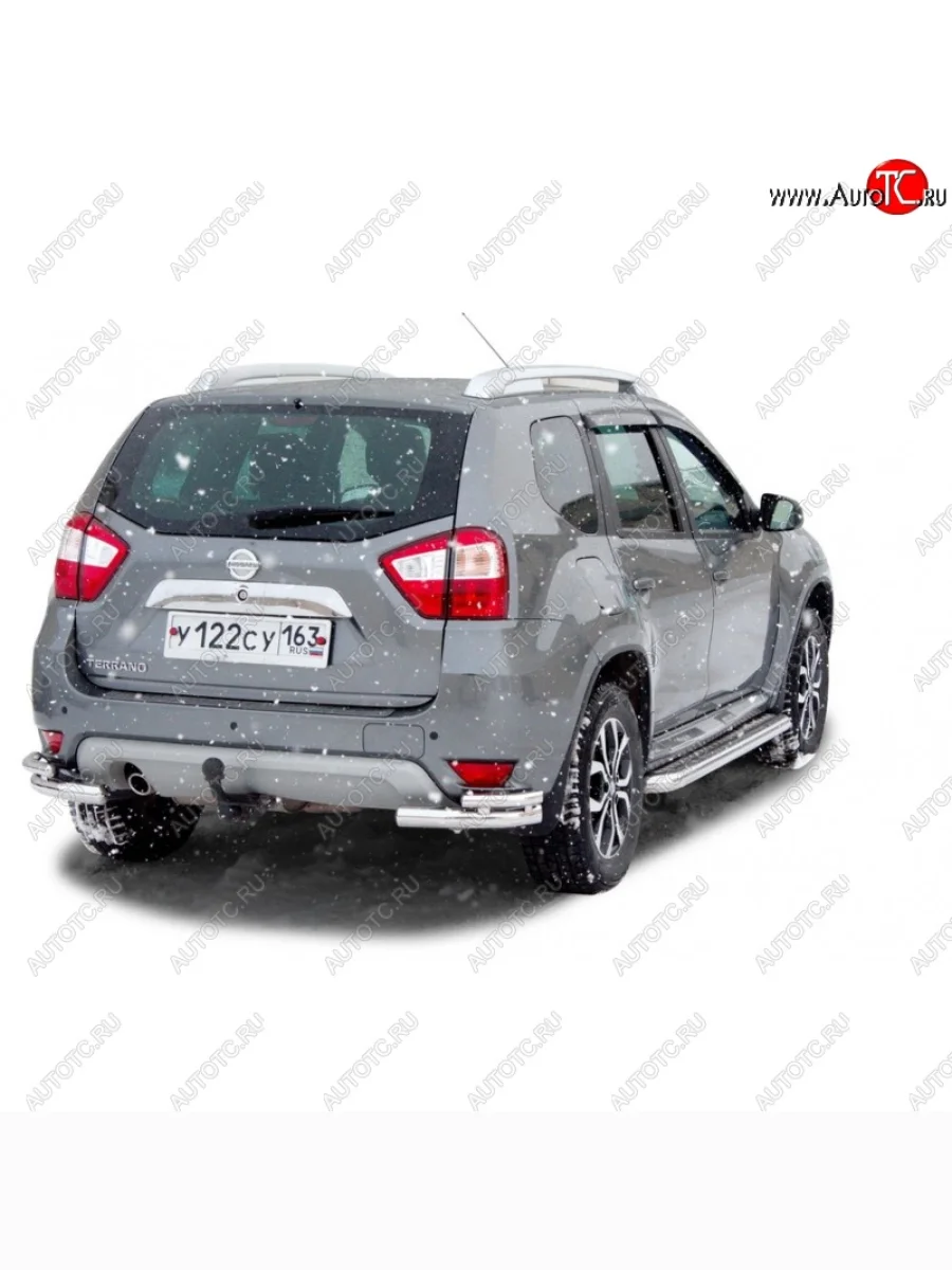 Защита заднего бампера ТехноСфера (Техно Сфера) (Сталь с покрытием, уголки двойные, 63.5 mm)  Nissan Terrano (2013-2022) D10 (цвет: Серебристый)  с доставкой в г. Керчь