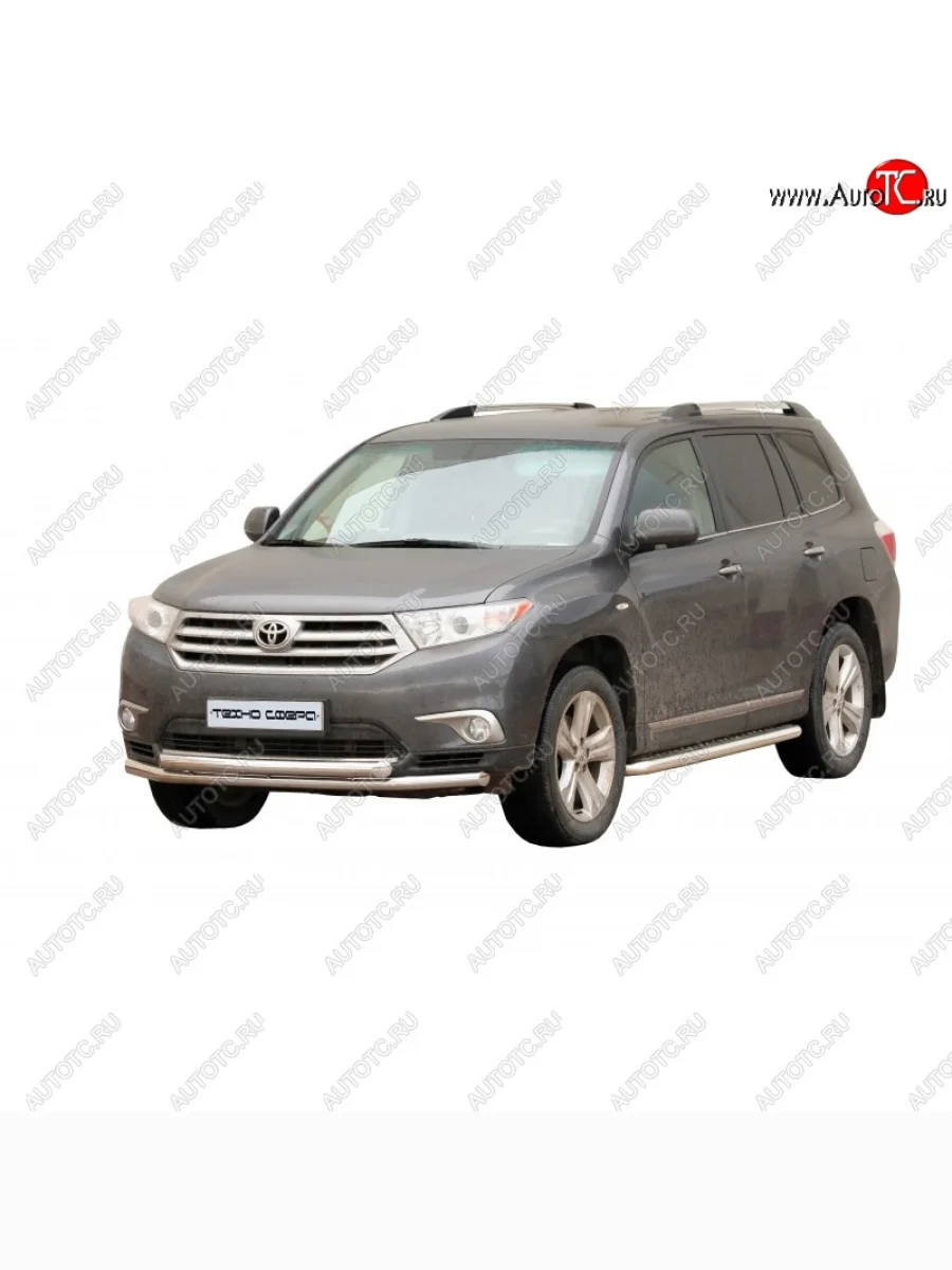 Защита переднего бампера ТехноСфера (Техно Сфера) (двойная, Сталь с покрытием, d63.5 mm) Toyota Highlander XU40 рестайлинг (2010-2013) (цвет: Серебристый)  в Самаре Самарской области