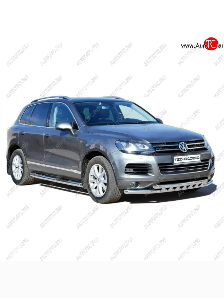 Защита переднего бампера ТехноСфера (Техно Сфера) (двойная, Сталь с покрытием, d63.5 mm) Volkswagen Touareg 2 NF дорестайлинг (2010-2014) (цвет: Серебристый)  в Самаре Самарской области
