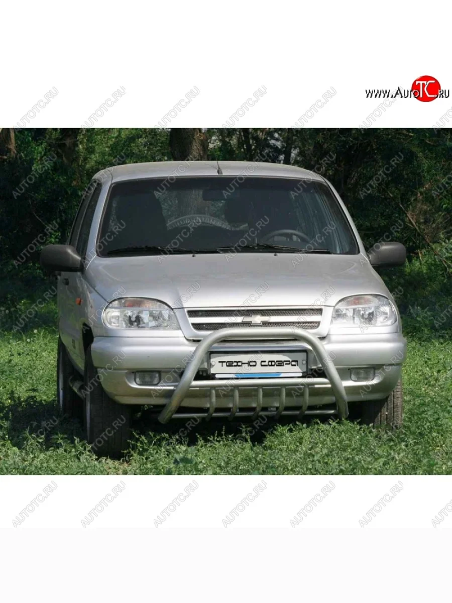 Защита переднего бампера ТехноСфера (Техно Сфера) (низкая с защитой двигателя, Сталь с покрытием, d63.5 mm) Chevrolet Niva 2123 дорестайлинг (2002-2008) (цвет: Серебристый)  в Керчи Республика Крым