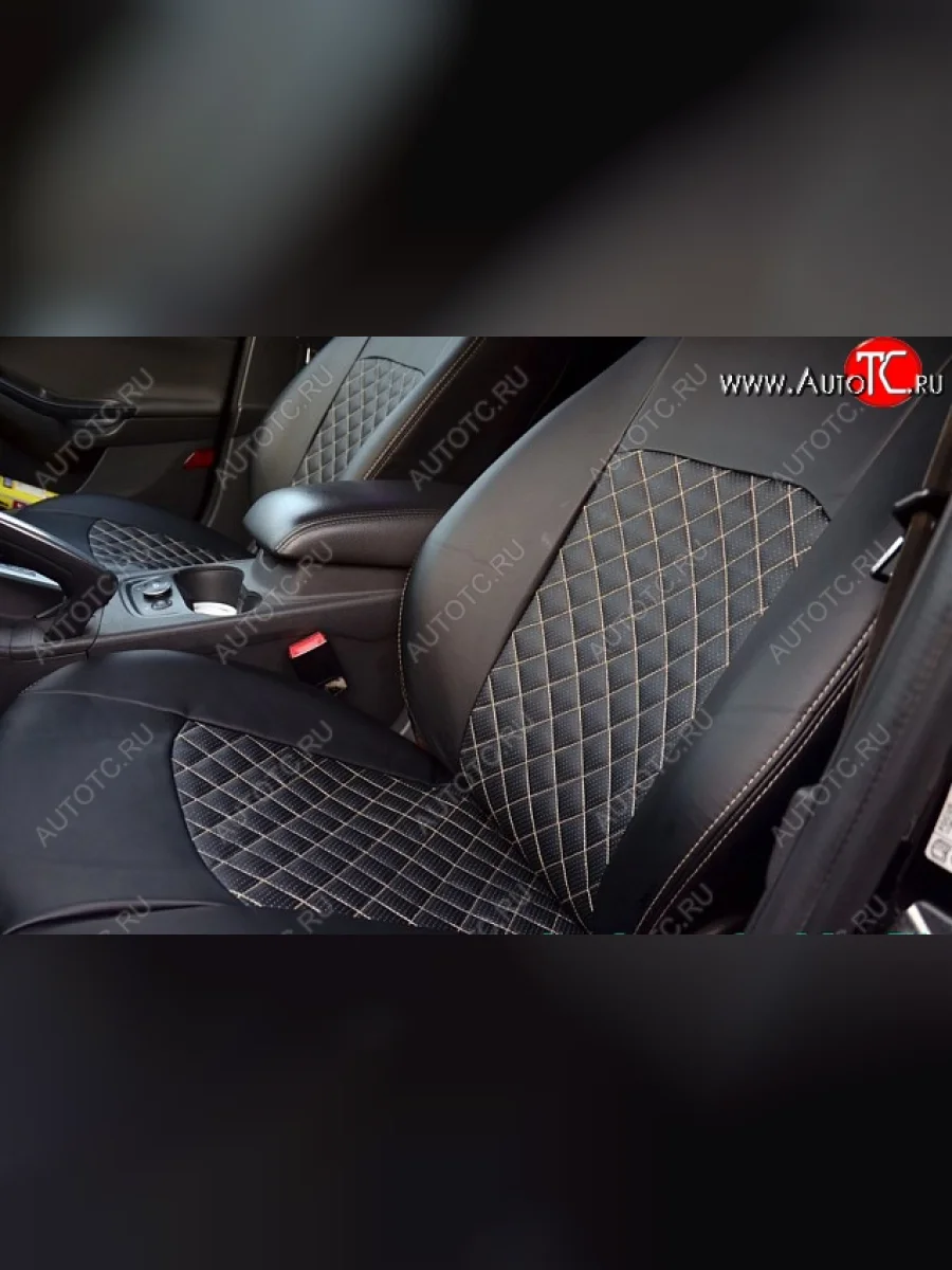 Чехлы для сидений Lord Autofashion Турин Ромб (экокожа, сиденье и спинка 60/40+подлокотник, 3 Г-образных подголовника) Ford Mondeo Mk4,BD дорестайлинг, седан (2007-2010) (Чёрный, вставка чёрная, строчка бежевая)  в Самаре Самарской области