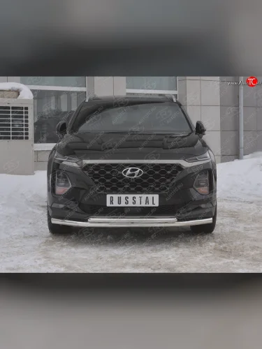 Защита переднего бампера (2 трубы Ø63 и 42 мм, нержавейка) SLITKOFF Hyundai Santa Fe  TM (2018-2021) дорестайлинг