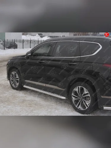 Пороги из трубы d42 с листом SLITKOFF (Лист алюм, проф. нерж) Hyundai Santa Fe TM дорестайлинг (2018-2021)