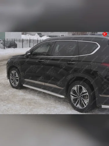 Пороги из трубы d42 с листом SLITKOFF (Лист нерж, проф. нерж) Hyundai Santa Fe  TM (2018-2021) дорестайлинг