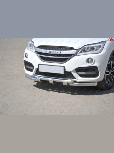 Защита переднего бампера двойная с зубьями из труб d63/63 мм Petroil Tuning (Нержавеющая полированная сталь) Lifan X60 (2016-2025) 2-ой рестайлинг