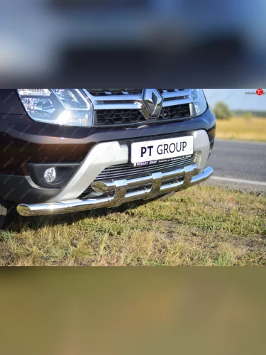 Защита переднего бампера двойная с пластинами из труб d63/63 мм Petroil Tuning (Нержавеющая полированная сталь) Renault Duster  HS (2010-2021) дорестайлинг, рестайлинг
