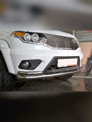 Защита переднего бампера двойная с углами из труб d63/51 мм Petroil Tuning (Нержавеющая полированная сталь) Уаз Патриот ( 23632,  3163 5-дв.) (2014-2016) 1 рестайлинг пикап, 1-ый рестайлинг