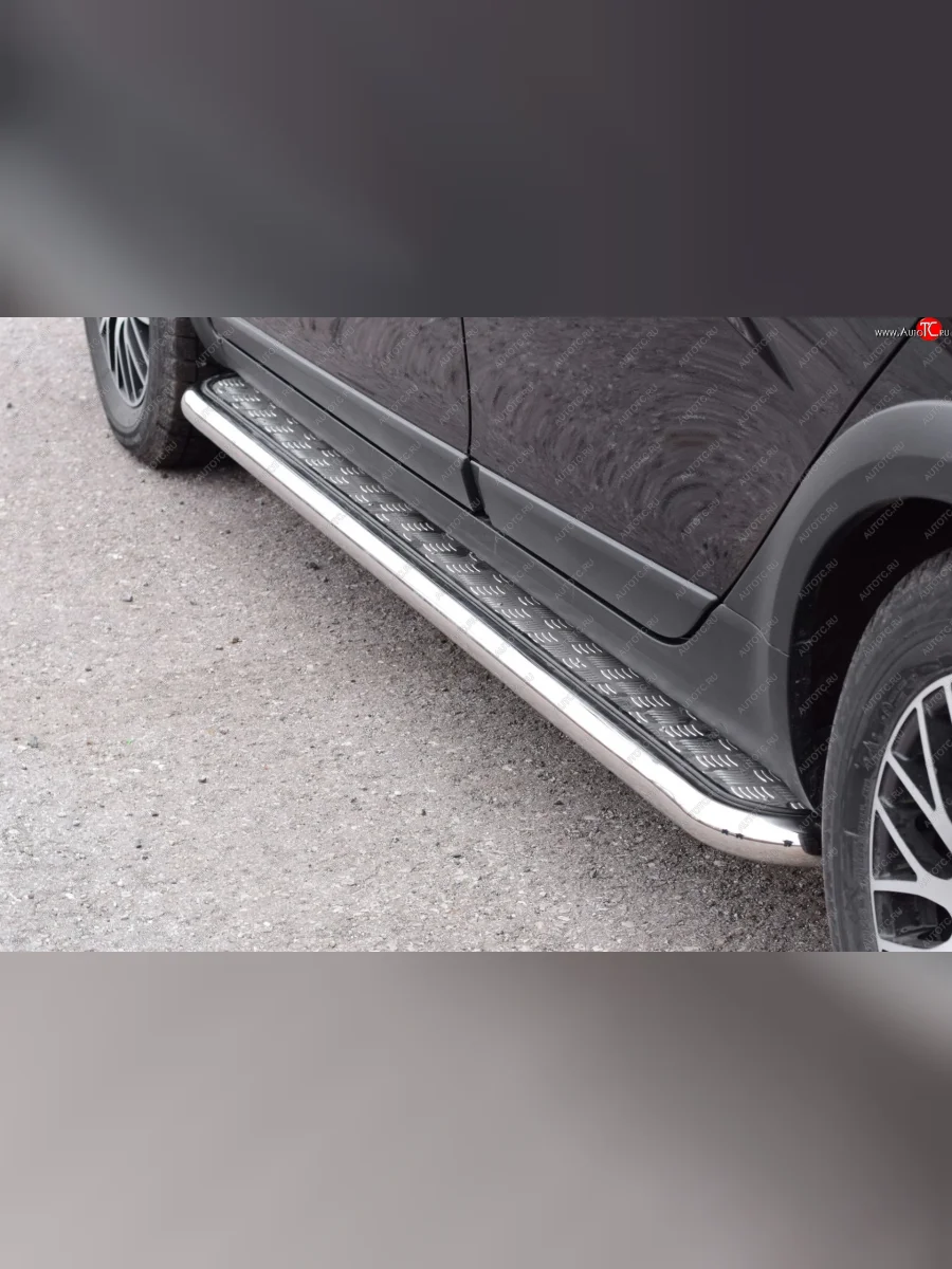 Порожки для ног из трубы Ø51 с алюминиевой площадкой Petroil Tuning  Лада ВАЗ Веста (2017-2022) SW 2181 (Нержавеющая полированная сталь)  в Самаре Самарской области