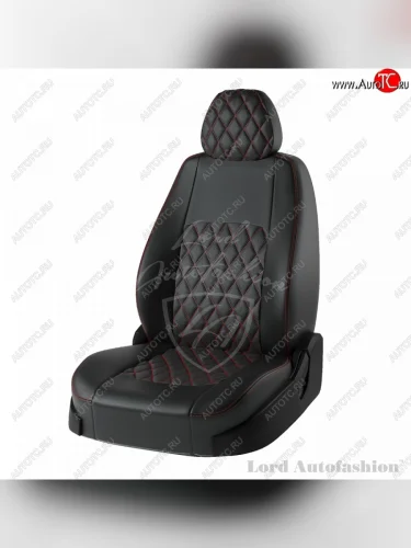Чехлы для сидений Lord Autofashion Турин Ромб (экокожа, спинка 60/40+подлокотник, 3 Г-образных подголовника) (Чёрный, вставка чёрная, строчка красная) Skoda Rapid ( NH3,  NH1) (2012-2020), Volkswagen Polo  Mk6 (2020-2022)