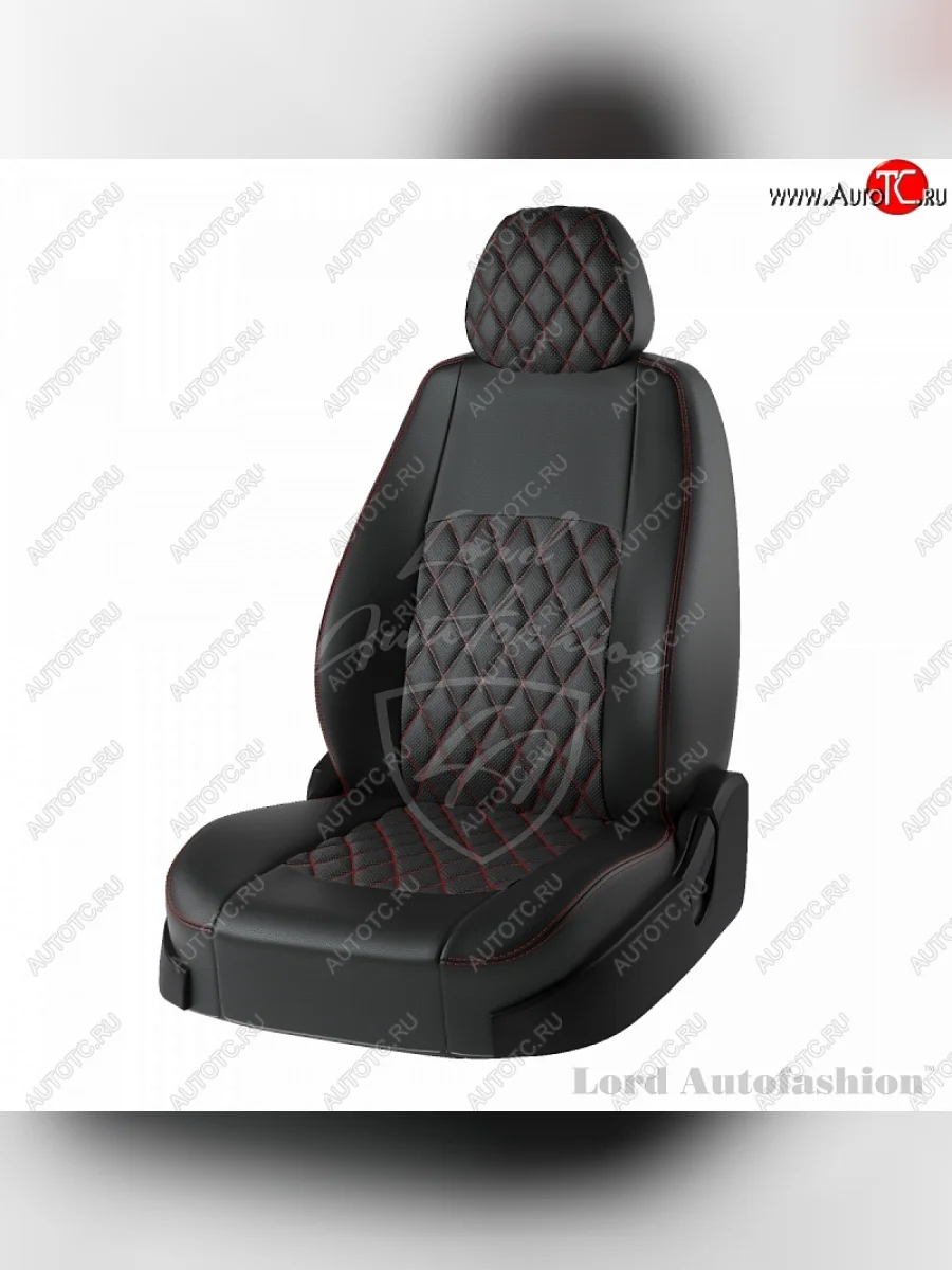 Чехлы для сидений Lord Autofashion Турин Ромб (экокожа, спинка 60/40+подлокотник, 3 Г-образных подголовника)  Skoda Rapid (2012-2020), Volkswagen Polo (2020-2022) (Чёрный, вставка чёрная, строчка красная)  в Самаре Самарской области