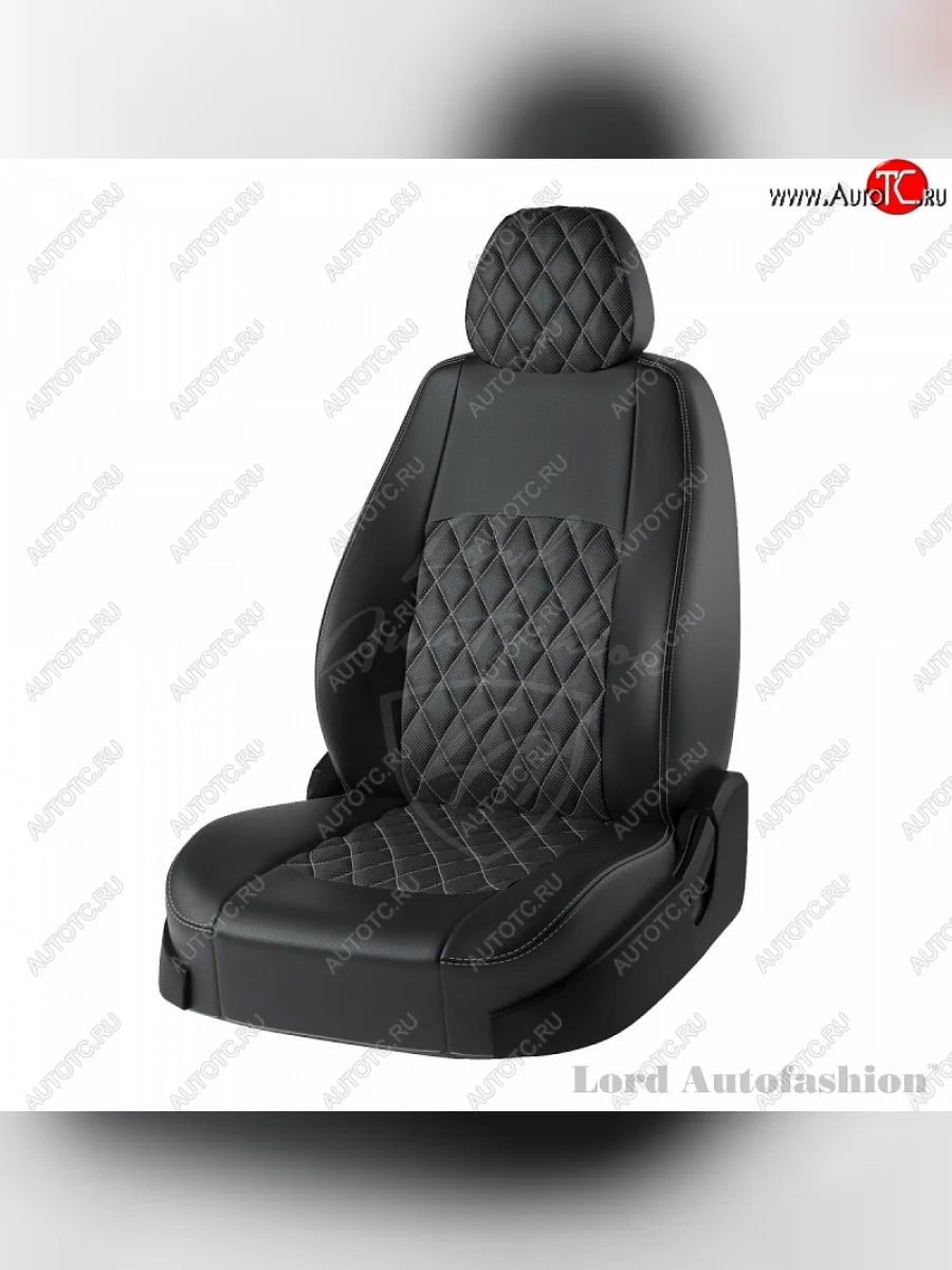 Чехлы для сидений Lord Autofashion Турин Ромб (экокожа, спинка 60/40+подлокотник, 3 Г-образных подголовника)  Skoda Rapid (2012-2020), Volkswagen Polo (2020-2022) (Чёрный, вставка чёрная, строчка серая)  в Самаре Самарской области