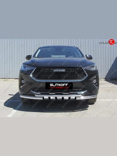 Защита переднего бампера (2 трубы Ø57 и 42 мм c декор элементами, нержавейка) Slitkoff Haval F7 - F7x