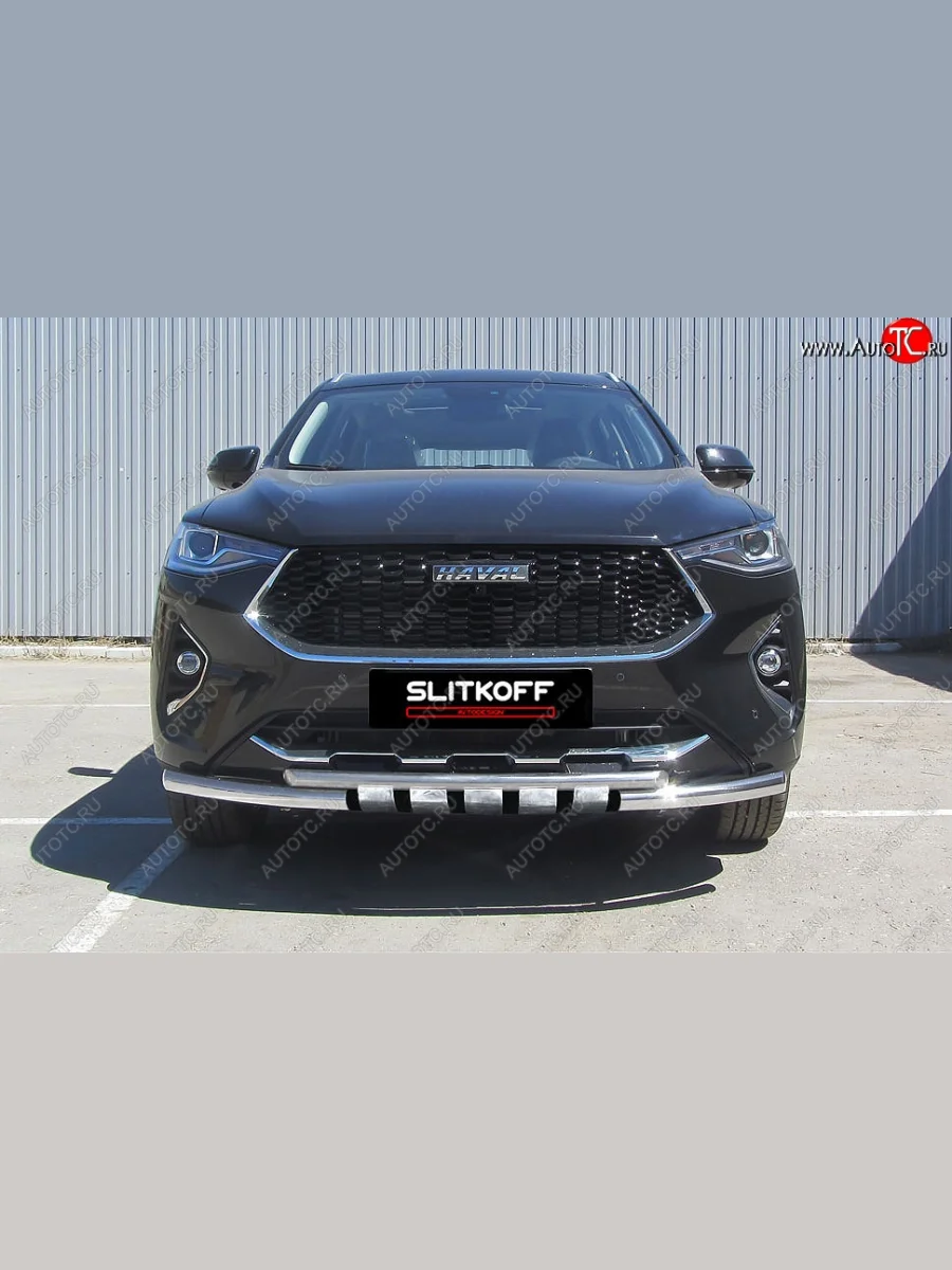 Защита переднего бампера (2 трубы Ø57 и 42 мм c декор элементами, нержавейка) Slitkoff  Haval  F7, F7x  с доставкой в г. Керчь